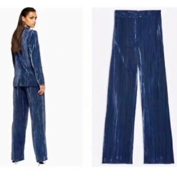 Topshop Crinkled Velvet Suit Matching Blazer & Trousers Wide Leg Blue Size 4 NWT - Picture 5 of 16
